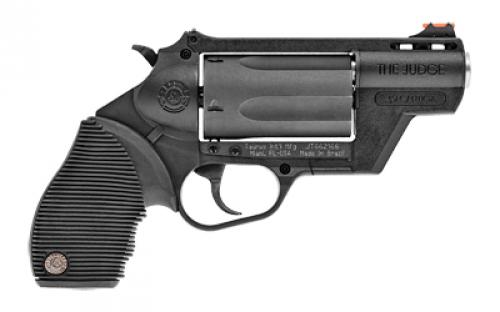 Taurus Judge, Public Defender, Double Action, Polymer Frame Revolver, Medium Frame, 410 Bore/45LC, 2.5" Barrel, 2.5" Chamber, Black, Rubber Grips, Fiber Optic Front Sight, 5 Rounds 2-441021PFS