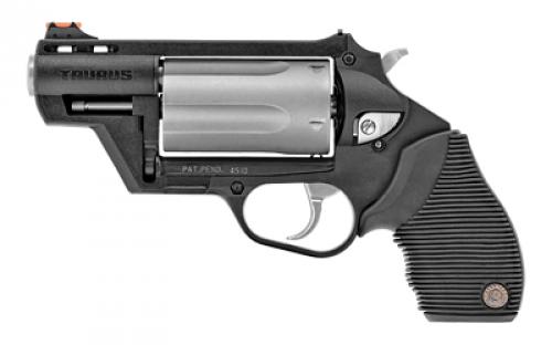 Taurus Judge, Public Defender, Double Action, Polymer Frame Revolver, Medium Frame, 410 Bore/45LC, 2.5 Barrel, 2.5 Chamber, Matte Finish, Silver Cylinder, Black Frame, Rubber Grips, Fixed Sight, 5 Rounds 2-441029TCPLY