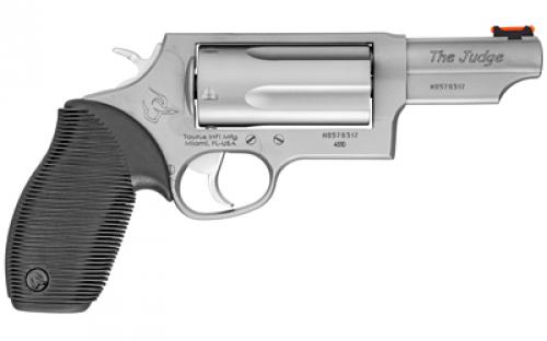 Taurus Judge, Double Action, Metal Frame Revolver, Large Frame, 410 Bore/45LC, 3" Barrel, 3" Chamber, Stainless Steel, Matte Finish, Silver, Rubber Grips, Fiber Optic Front Sight, 5 Rounds 2-441039MAG