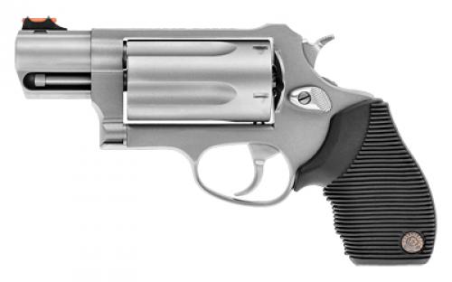 Taurus Judge, Public Defender, Double Action, Metal Frame Revolver, Medium Frame, 410 Bore/45LC, 2 Barrel, 2.5 Chamber, Stainless Steel, Matte Finish, Silver, Rubber Grips, Fiber Optic Front Sight, 5 Rounds 2-441039TC