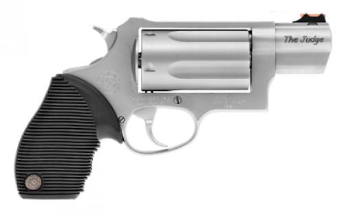 Taurus Judge, Public Defender, Double Action, Metal Frame Revolver, Medium Frame, 410 Bore/45LC, 2" Barrel, 2.5" Chamber, Stainless Steel, Matte Finish, Silver, Rubber Grips, Fiber Optic Front Sight, 5 Rounds 2-441039TC