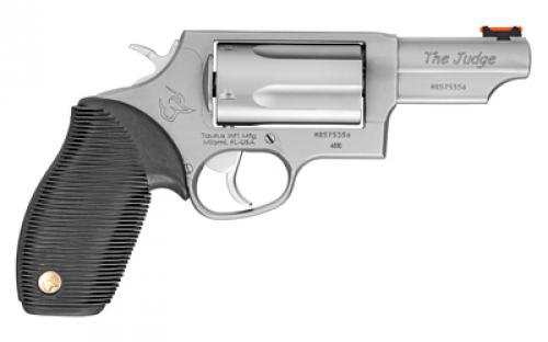 Taurus Judge, Double Action, Metal Frame Revolver, Large Frame, 410 Bore/45LC, 3" Barrel, 2.5" Chamber, Stainless Steel, Matte Finish, Silver, Rubber Grips, Fiber Optic Front Sight, 5 Rounds 2-441039T