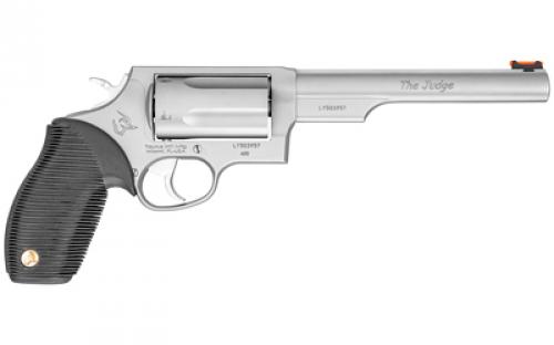 Taurus Judge, Double Action, Metal Frame Revolver, Large Frame, 410 Bore/45LC, 6.5" Barrel, 2.5" Chamber, Stainless Steel, Matte Finish, Silver, Rubber Grips, Fiber Optic Front Sight, 5 Rounds 2-441069T