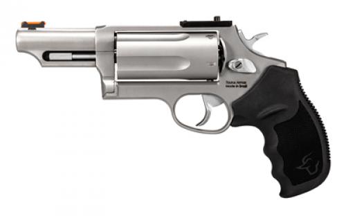 Taurus Judge Magnum T.O.R.O., Double Action, Stainless Steel Frame Revolver, Compact, 3 410 Bore/.45 Long Colt, 3 Barrel, Fiber Optic Front Sight, Optics Ready, Rubber Grips, Matte Finish, Silver, 5 Rounds 2-4410P39MAG