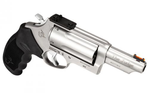 Taurus Judge Magnum T.O.R.O., Double Action, Stainless Steel Frame Revolver, Compact, 3" 410 Bore/.45 Long Colt, 3" Barrel, Fiber Optic Front Sight, Optics Ready, Rubber Grips, Matte Finish, Silver, 5 Rounds 2-4410P39MAG