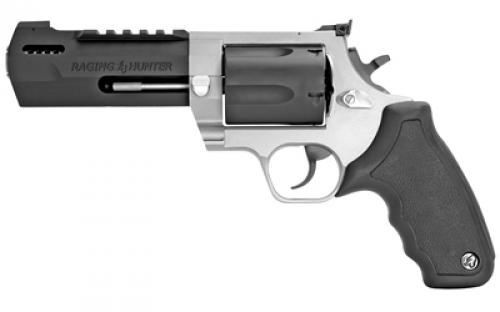 Taurus Raging Hunter, Double Action, Metal Frame Revolver, Large Frame, 460 S&W, 5.12 Barrel, Stainless Steel, Matte Finish, Black Barrel/Cylinder, Silver Frame, Rubber Grips, Adjustable Rear Sight, 5 Rounds 2-460055RH