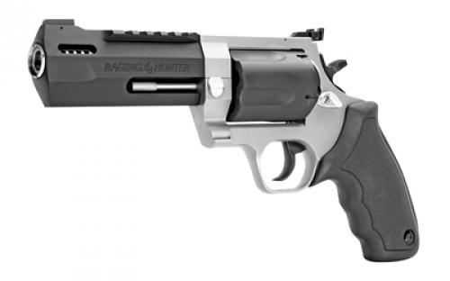 Taurus Raging Hunter, Double Action, Metal Frame Revolver, Large Frame, 460 S&W, 5.12" Barrel, Stainless Steel, Matte Finish, Black Barrel/Cylinder, Silver Frame, Rubber Grips, Adjustable Rear Sight, 5 Rounds 2-460055RH