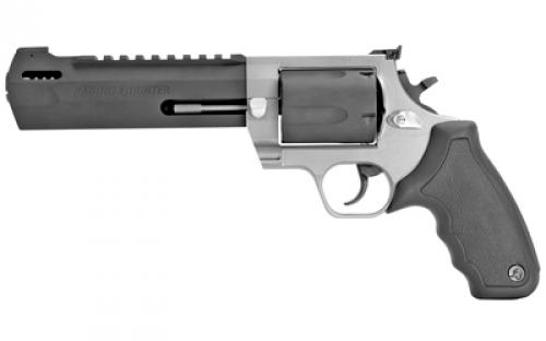 Taurus saging Hunter, Double Action, Metal Frame Revolver, Large Frame, 460 S&W, 6.75 Barrel, Stainless Steel, Matte Finish, Black Barrel/Cylinder, Silver Frame, Rubber Grips, Adjustable Rear Sight, 5 Rounds 2-460065RH