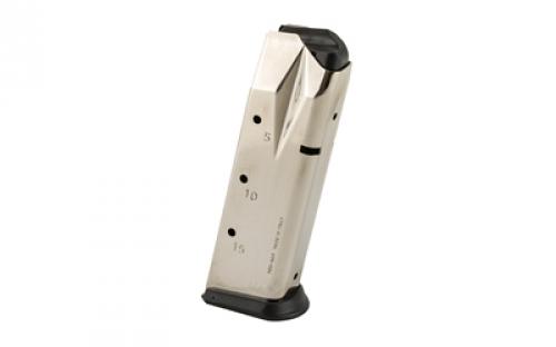 Mecgar Pistol Magazine, 9MM, 15 Rounds, Fits Sig P228 Pistols, Steel, Silver, Nickel Finish MGP22815N