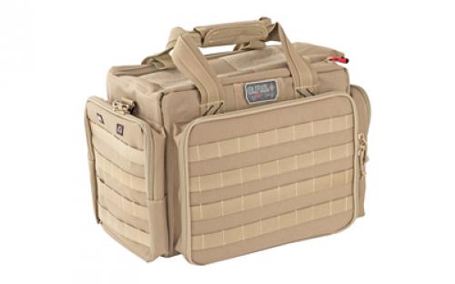 GPS Tactical, Range Bag, Tan, 5 Internal Handgun Foam Cradles, Nylon, Visual ID Storage System for Quick identification and access of gear, Front pocket features a padded handgun sleeve that can be removed for use to protect your firearms at the range and holds 1 additional handgun GPS-T1714LRT