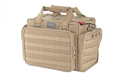 GPS Tactical, Range Bag, Tan, 5 Internal Handgun Foam Cradles, Nylon, Visual ID Storage System for Quick identification and access of gear, Front pocket features a padded handgun sleeve that can be removed for use to protect your firearms at the range and holds 1 additional handgun GPS-T1714LRT