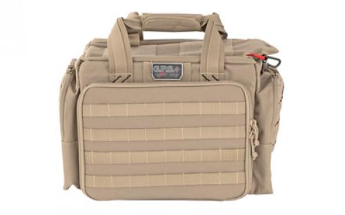 GPS Tactical, Range Bag, Tan, 5 Internal Handgun Foam Cradles, Nylon, Visual ID Storage System for Quick identification and access of gear, Front pocket features a padded handgun sleeve that can be removed for use to protect your firearms at the range and holds 1 additional handgun GPS-T1714LRT