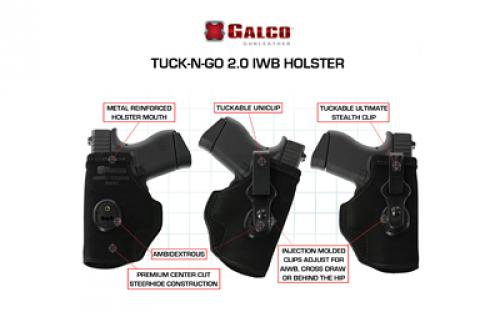 Galco Tuck-N-Go 2.0 Strongside/Crossdraw, Inside Waistband Holster, Ambidextrous, Fits Glock 43 w/TLR6, Black Leather TUC850B