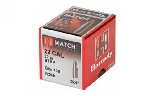 Hornady Match, .224 Diameter, 22 Caliber, 52 Grain, Boat Tail Hollow Point, 100 Count 2249