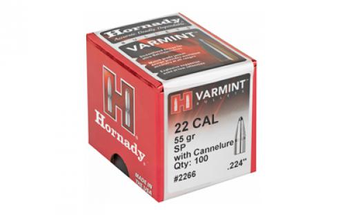 Hornady Varmint, .224 Diameter, 22 Caliber, 55 Grain, Soft Point Boat Tail, 100 Count 2266