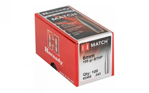 Hornady Match, .243 Diameter, 6MM/243 Winchester, 105 Grain, Boat Tail Hollow Point, 100 Count 2458