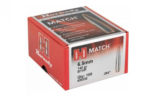 Hornady Match, .264 Diameter, 6.5MM, 140 Grain, Boat Tail Hollow Point, 100 Count 26335