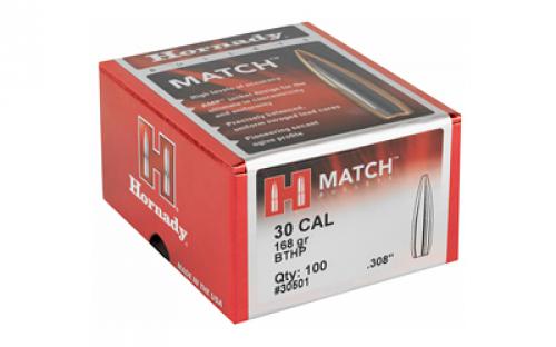 Hornady Match, .308 Diameter, 30 Caliber, 168 Grain, Boat Tail Hollow Point, 100 Count 30501