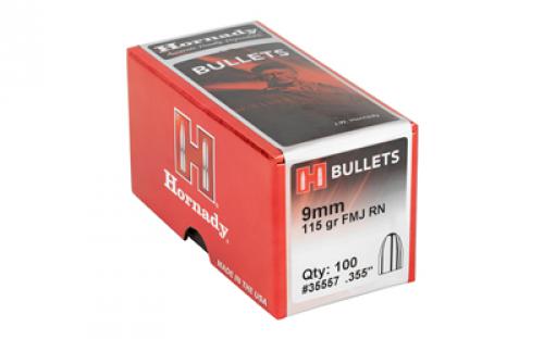 Hornady FMJ-RN, .355 Diameter, 9MM, 115 Grain, Round Nose, 100 Count 35557