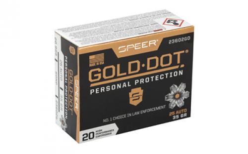 Speer Ammunition Speer Gold Dot, Personal Protection, 25ACP, 35 Grain, Hollow Point, 20 Round Box 23602GD