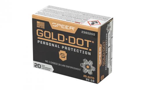 Speer Ammunition Speer Gold Dot, Personal Protection, 25ACP, 35 Grain, Hollow Point, 20 Round Box 23602GD