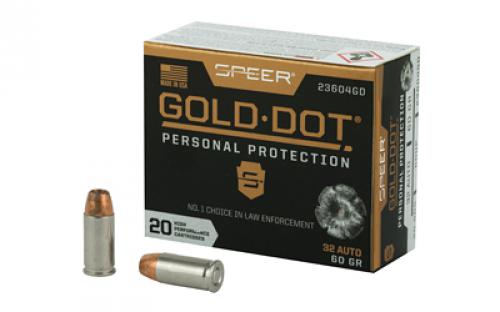 Speer Ammunition Speer Gold Dot, Personal Protection, 32ACP, 60 Grain, Hollow Point, 20 Round Box 23604GD