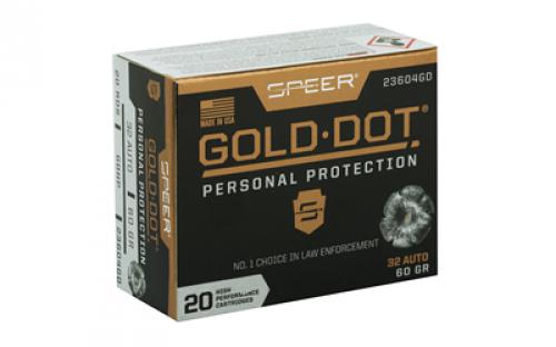 Speer Ammunition Speer Gold Dot, Personal Protection, 32ACP, 60 Grain, Hollow Point, 20 Round Box 23604GD