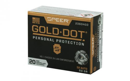 Speer Ammunition Speer Gold Dot, Personal Protection, 32ACP, 60 Grain, Hollow Point, 20 Round Box 23604GD