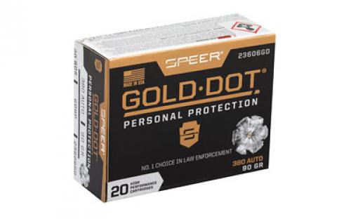 Speer Ammunition Speer Gold Dot, Personal Protection, 380ACP, 90 Grain, Hollow Point, 20 Round Box 23606GD