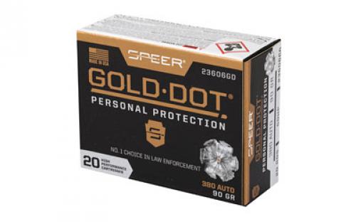 Speer Ammunition Speer Gold Dot, Personal Protection, 380ACP, 90 Grain, Hollow Point, 20 Round Box 23606GD