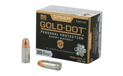 Speer Ammunition Speer Gold Dot, Personal Protection, 9MM, 124 Grain, Hollow Point, +P, Short Barrel, 20 Round Box 23611GD