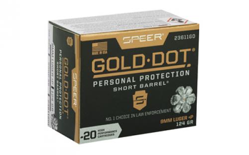 Speer Ammunition Speer Gold Dot, Personal Protection, 9MM, 124 Grain, Hollow Point, +P, Short Barrel, 20 Round Box 23611GD