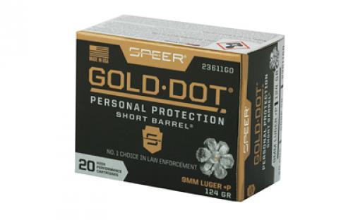 Speer Ammunition Speer Gold Dot, Personal Protection, 9MM, 124 Grain, Hollow Point, +P, Short Barrel, 20 Round Box 23611GD