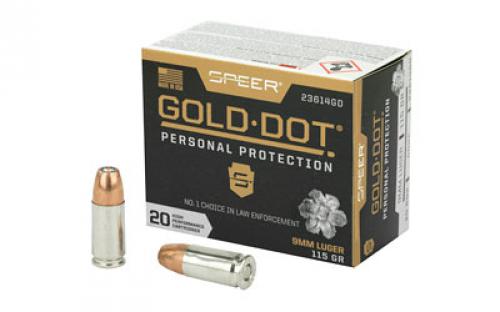 Speer Ammunition Speer Gold Dot, Personal Protection, 9MM, 115 Grain, Hollow Point, 20 Round Box 23614GD