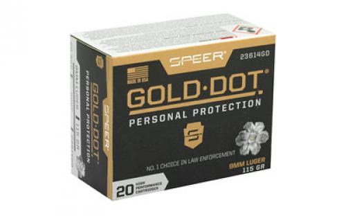 Speer Ammunition Speer Gold Dot, Personal Protection, 9MM, 115 Grain, Hollow Point, 20 Round Box 23614GD