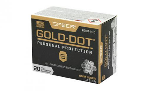 Speer Ammunition Speer Gold Dot, Personal Protection, 9MM, 115 Grain, Hollow Point, 20 Round Box 23614GD