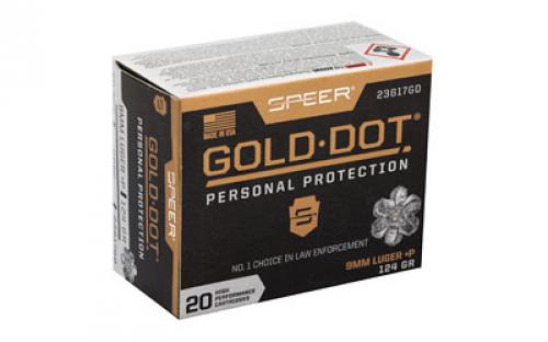 Speer Ammunition Speer Gold Dot, Personal Protection, 9MM, 124 Grain, Hollow Point, +P, 20 Round Box 23617GD