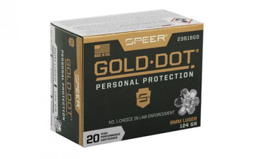 Speer Ammunition Speer Gold Dot, Personal Protection, 9MM, 124 Grain, Hollow Point, 20 Round Box 23618GD