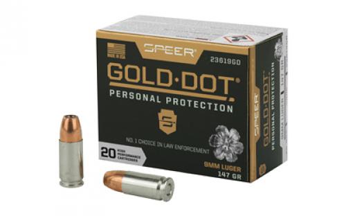 Speer Ammunition Speer Gold Dot, Personal Protection, 9MM, 147 Grain, Hollow Point, 20 Round Box 23619GD