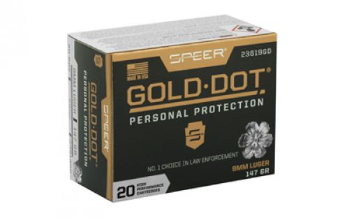 Speer Ammunition Speer Gold Dot, Personal Protection, 9MM, 147 Grain, Hollow Point, 20 Round Box 23619GD