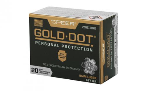 Speer Ammunition Speer Gold Dot, Personal Protection, 9MM, 147 Grain, Hollow Point, 20 Round Box 23619GD