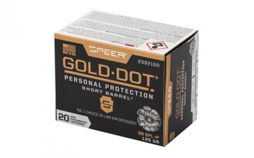 Speer Ammunition Speer Gold Dot, Personal Protection, 38 Special, 135 Grain, Hollow Point, +P, 20 Round Box 23921GD