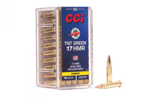 CCI TNTGreen, 17 HMR, 16 Grain, Hollow Point, Lead Free, 50 Round Box, California Certified Nonlead Ammunition 951