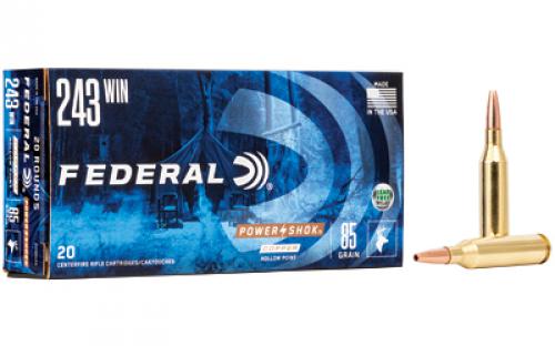 Federal PowerShok, 243 Win, 85 Grain, Copper, Lead Free, 20 Round Box, California Certified Nonlead Ammunition 24385LFA