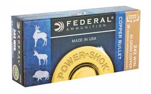 Federal PowerShok, 243 Win, 85 Grain, Copper, Lead Free, 20 Round Box, California Certified Nonlead Ammunition 24385LFA