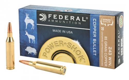 Federal PowerShok, 243 Win, 85 Grain, Copper, Lead Free, 20 Round Box, California Certified Nonlead Ammunition 24385LFA