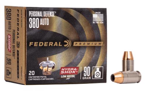 Federal Premium Personal Defense, Hydra-Shok, 380 ACP, 90 Grain, Jacketed Hollow Point, Low Recoil, 20 Round Box PD380HS1H