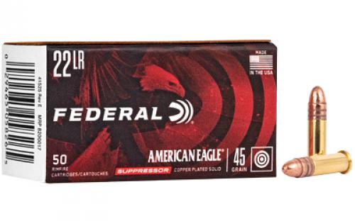 Federal American Eagle, Suppressor Ammunition, 22LR, 45 Grain, Copper Plated Lead Round Nose, 50 Round Box AE22SUP1