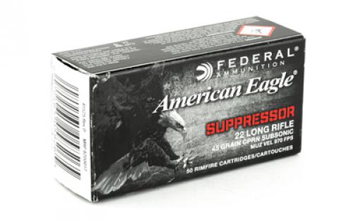 Federal American Eagle, Suppressor Ammunition, 22LR, 45 Grain, Copper Plated Lead Round Nose, 50 Round Box AE22SUP1