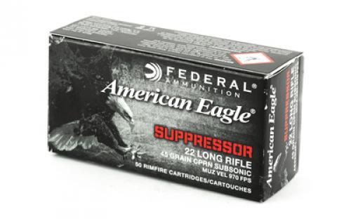 Federal American Eagle, Suppressor Ammunition, 22LR, 45 Grain, Copper Plated Lead Round Nose, 50 Round Box AE22SUP1